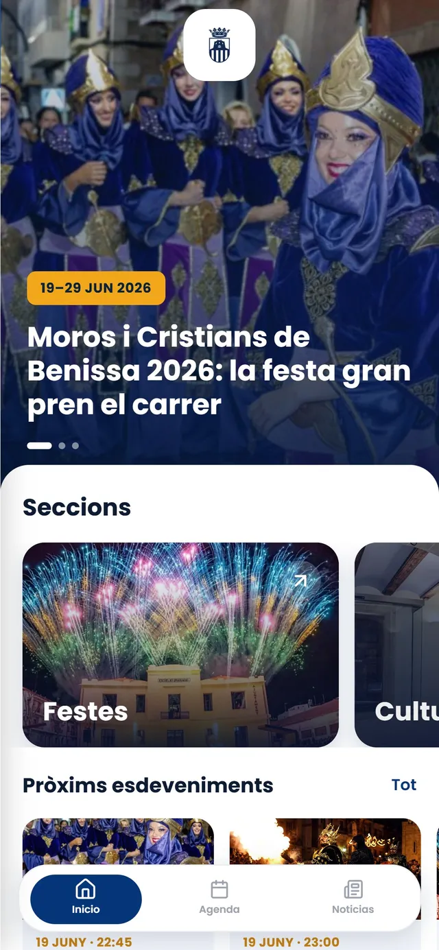 Pantalla de inicio de la app de Benissa, con un evento destacado