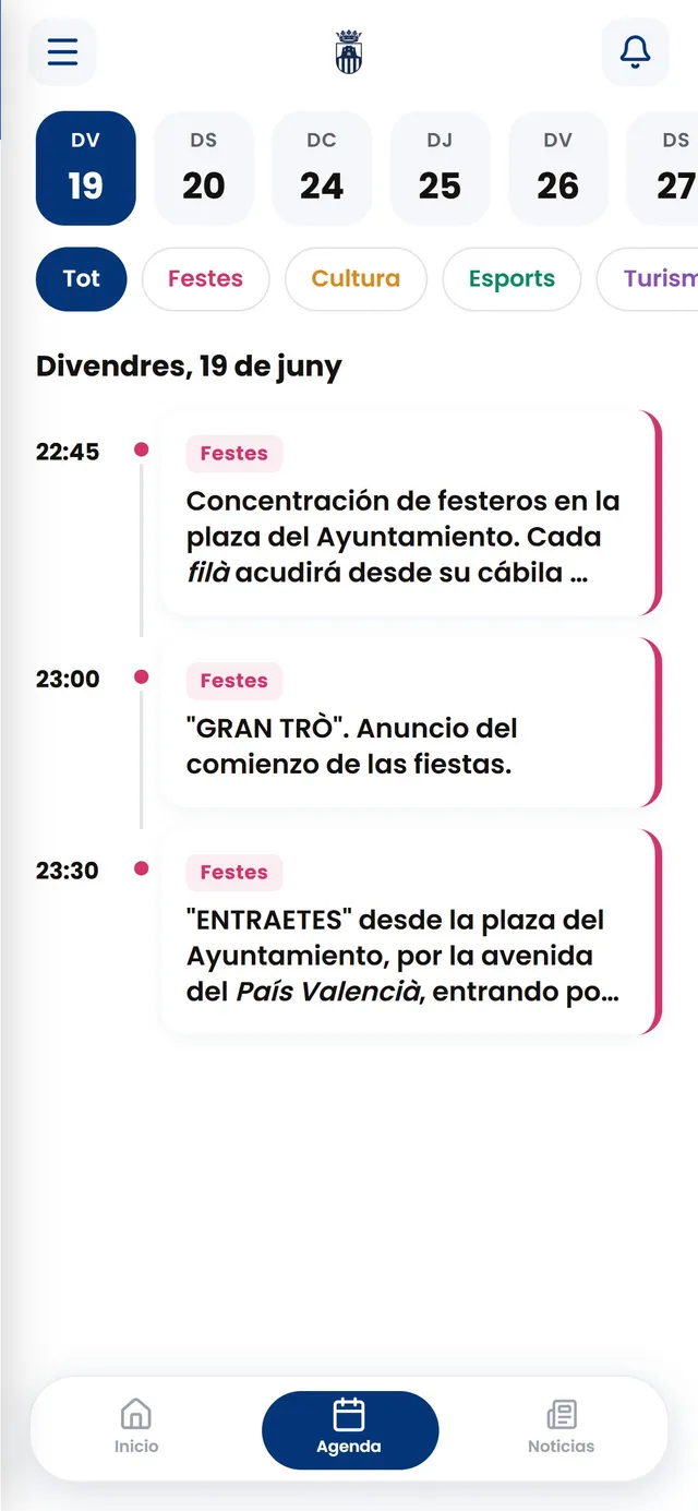Pantalla de agenda de la app de Benissa, con eventos del día por categorías