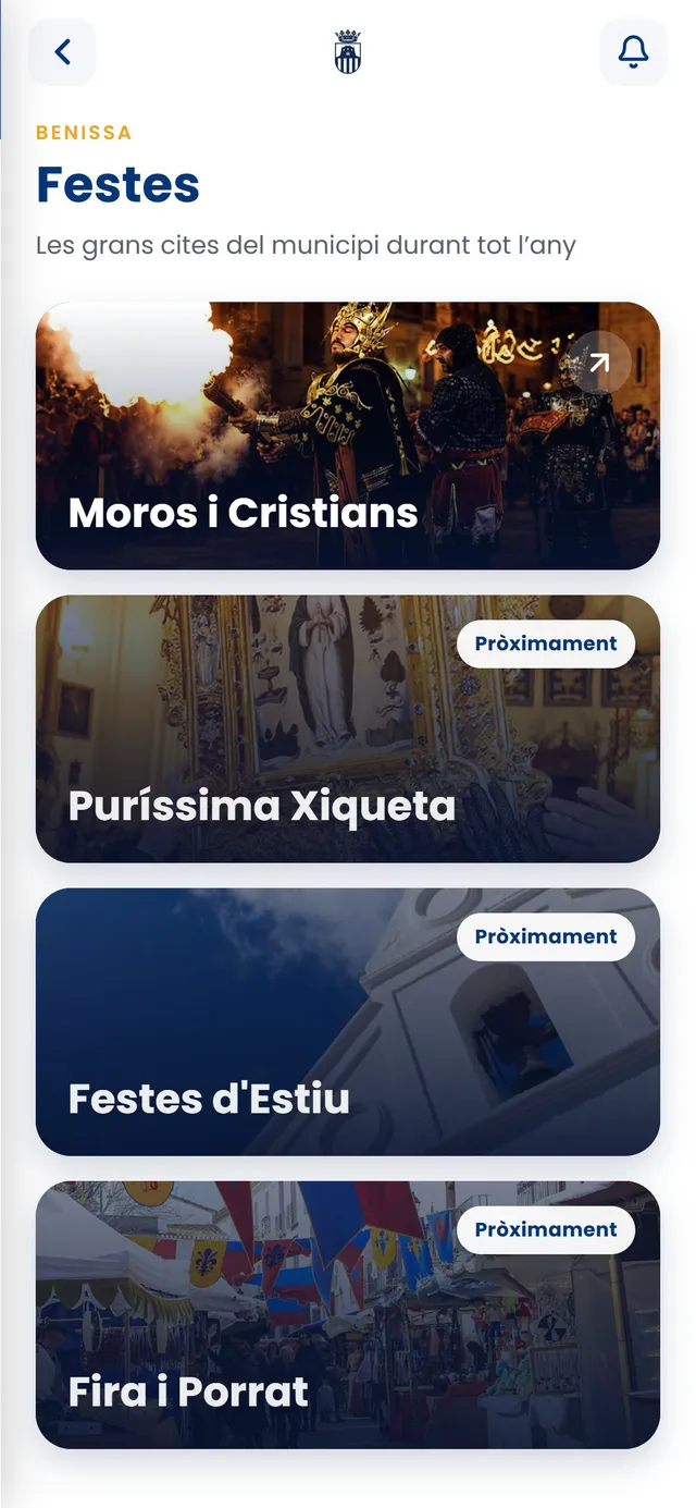 Sección de fiestas de la app de Benissa, con Moros y Cristianos y otras celebraciones