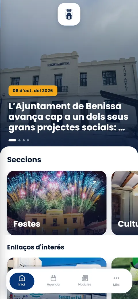 Pantalla de inicio de la app de Benissa, con la última noticia municipal