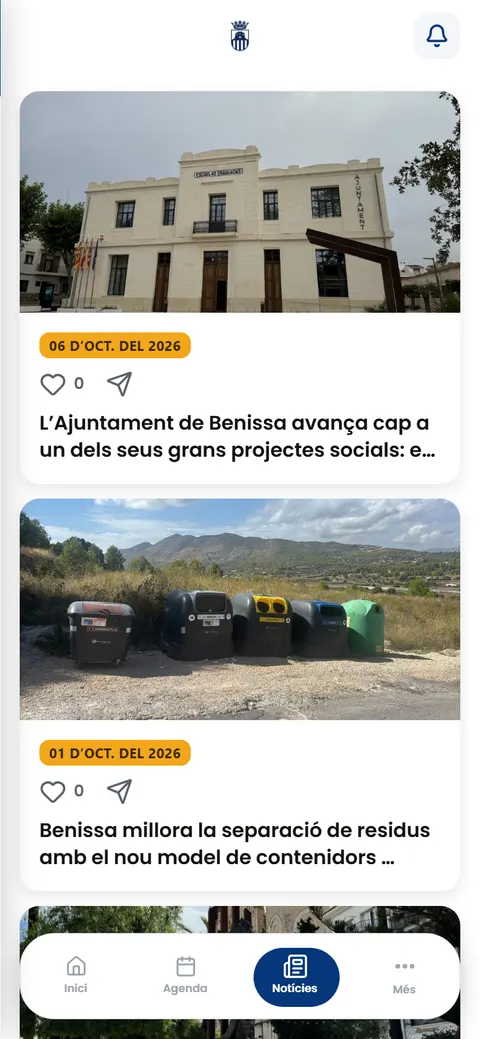 Pantalla de noticias municipales de la app de Benissa