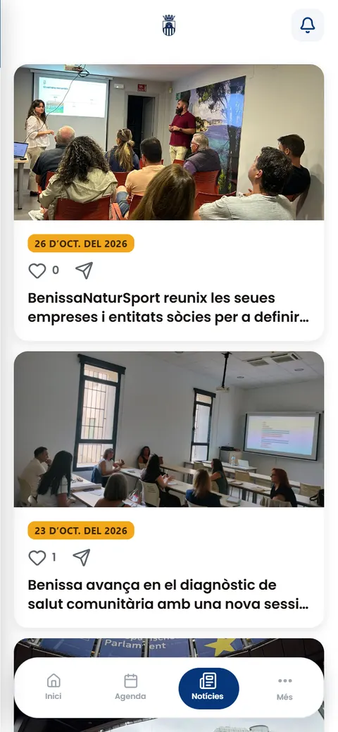 Pantalla de noticias municipales de la app de Benissa